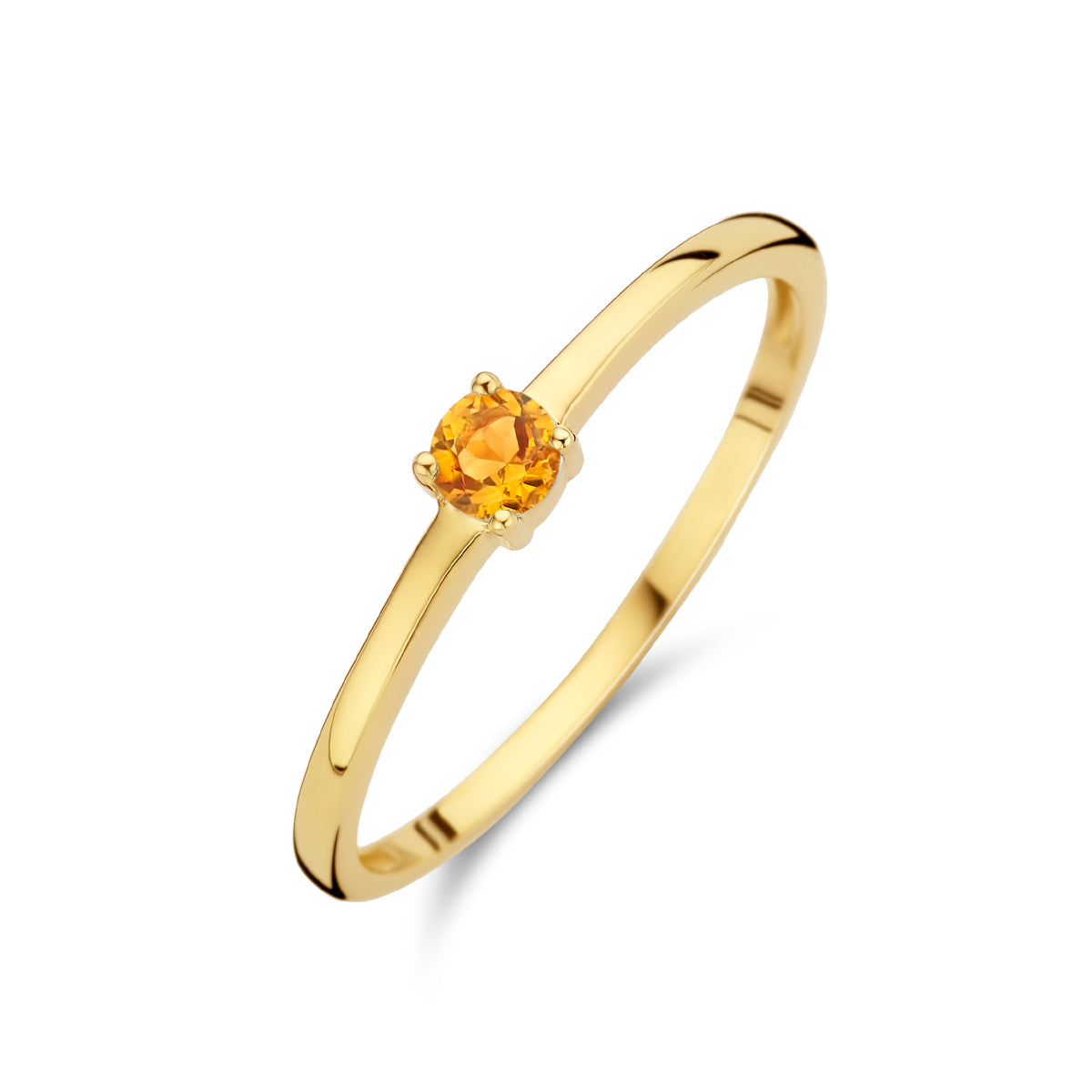 Schuin bovenaanzicht van de gouden geboortesteen ring met citrien van 14 karaat.