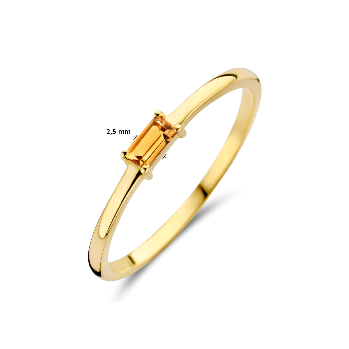 Afmetingen van de gouden geboortesteen ring november met citrien van 14 karaat: 2,5 mm breed.