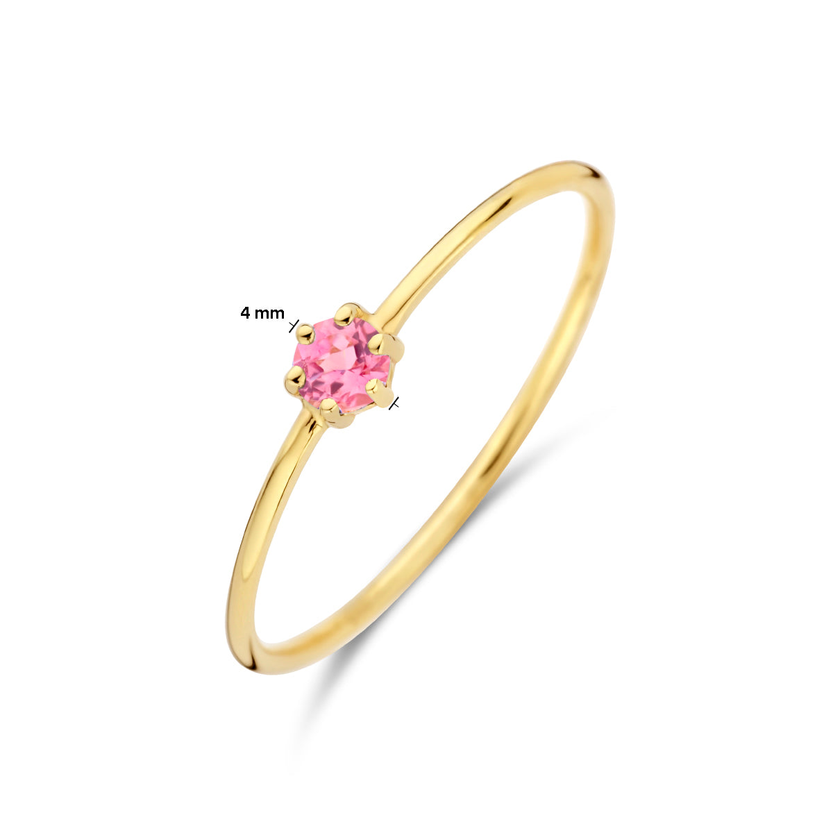 Afmetingen van de gouden geboortesteen ring met roze toermalijn van 14 karaat: 4 mm breed, steen 3 mm.