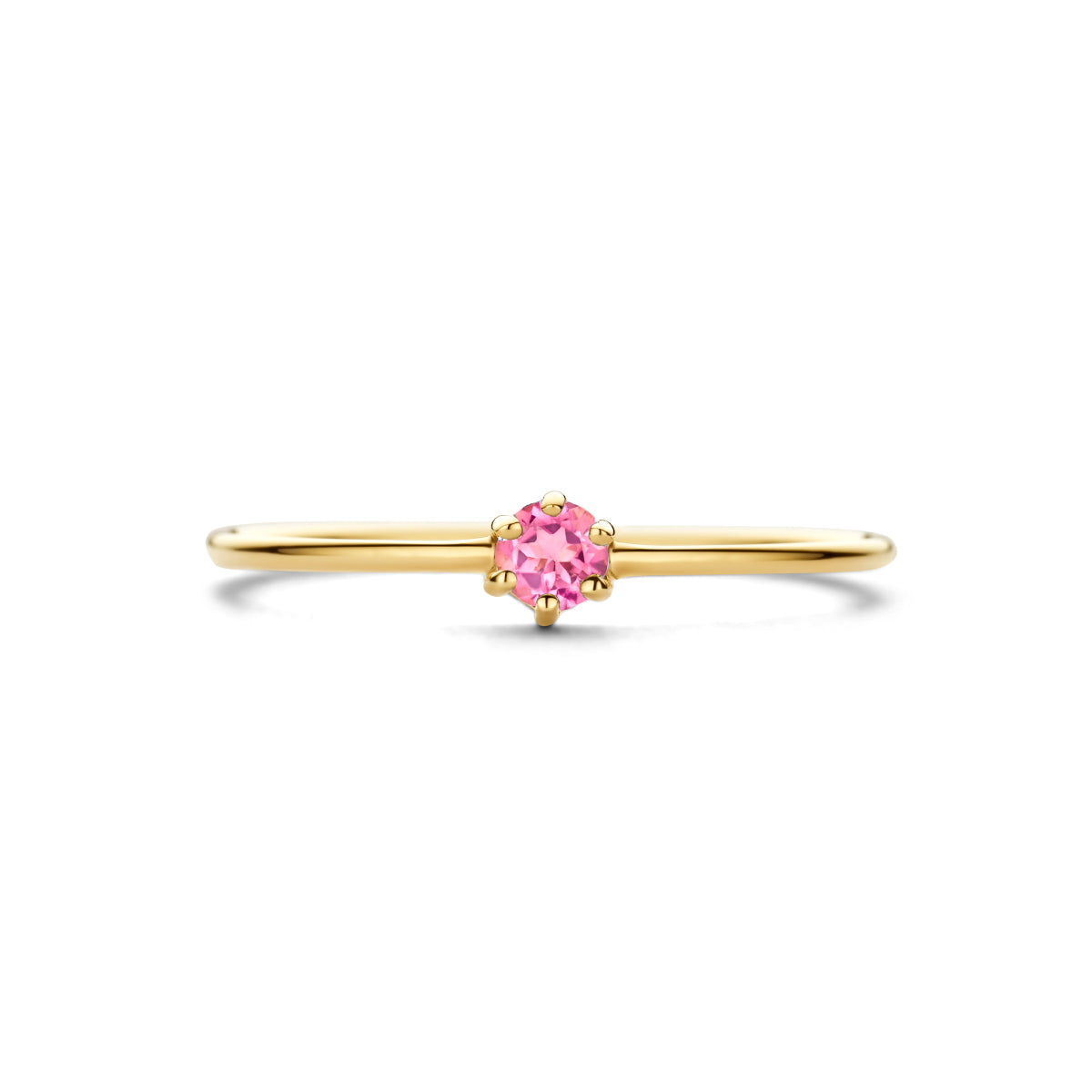 Bovenaanzicht van de gouden geboortesteen ring met roze toermalijn van 14 karaat.