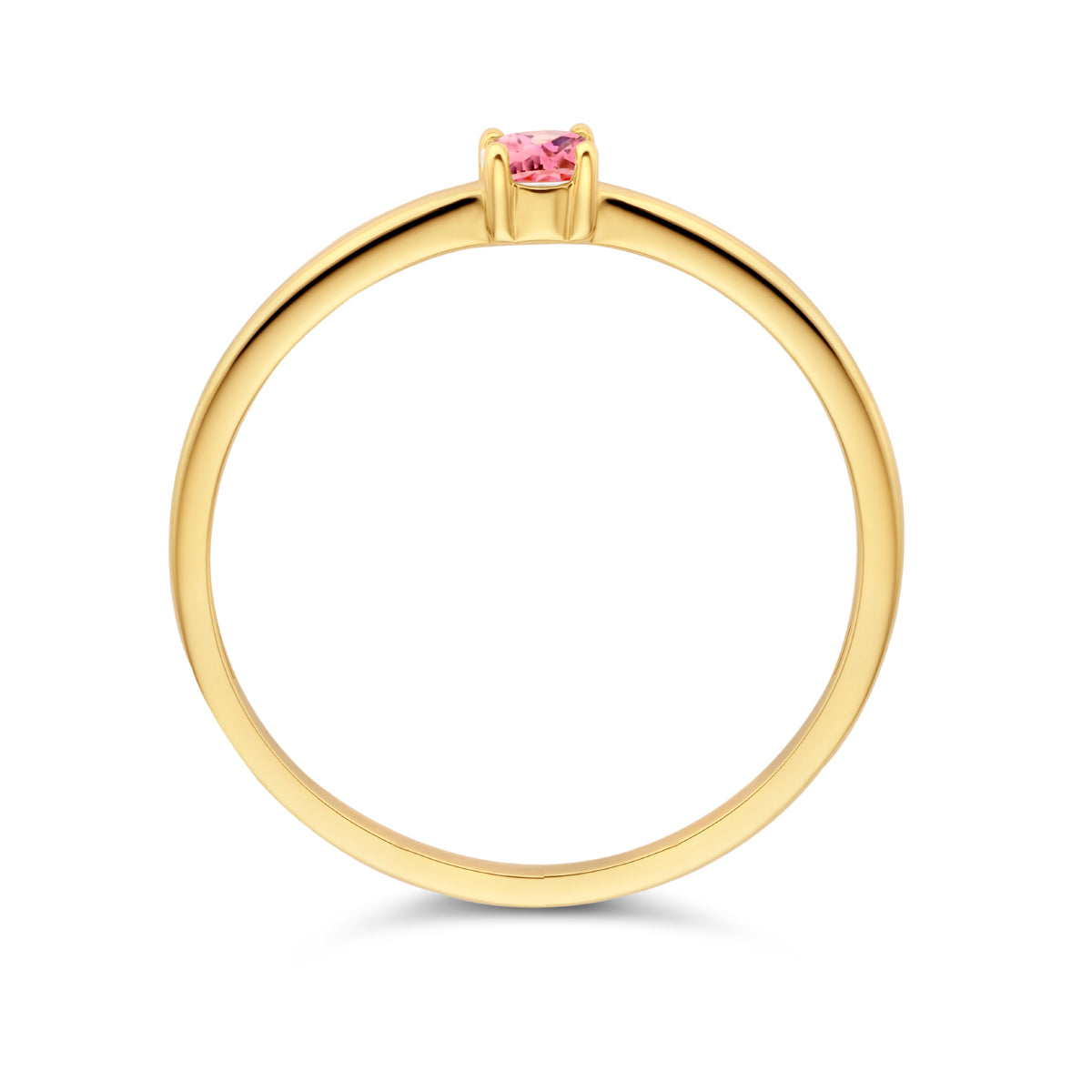 Bovenaanzicht van de gouden geboortesteen ring met roze toermalijn van 14 karaat.