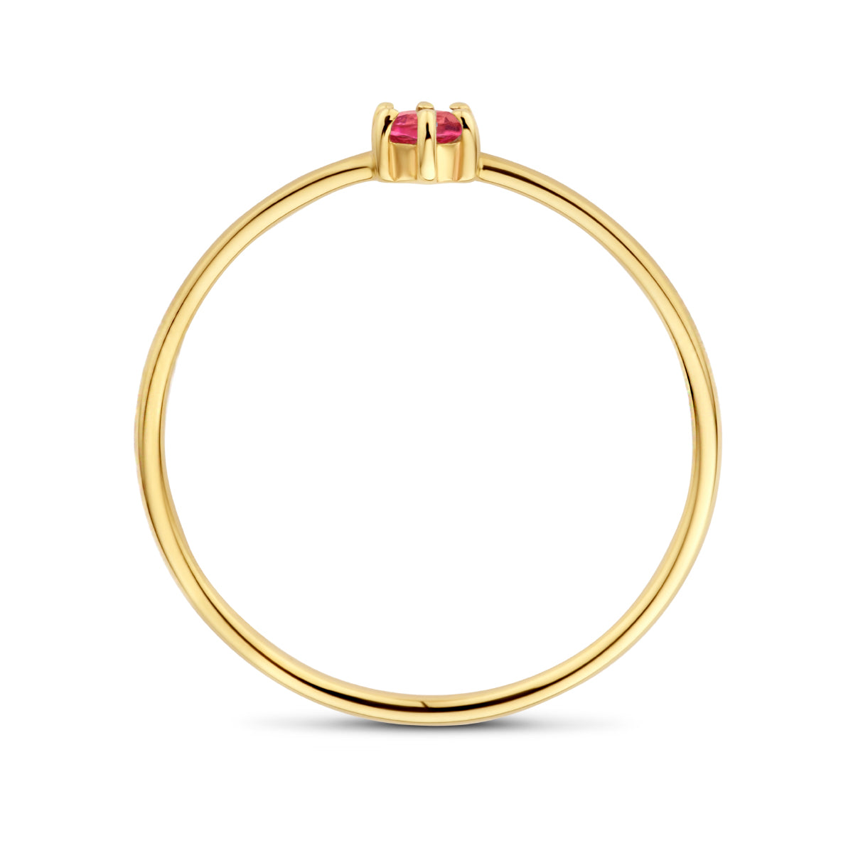 Zijaanzicht van de gouden geboortesteen ring met roze toermalijn van 14 karaat.