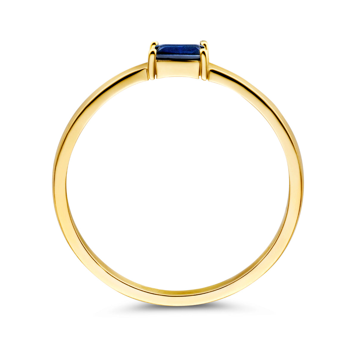 Zijaanzicht van de gouden geboortesteen ring september met saffier van 14 karaat.