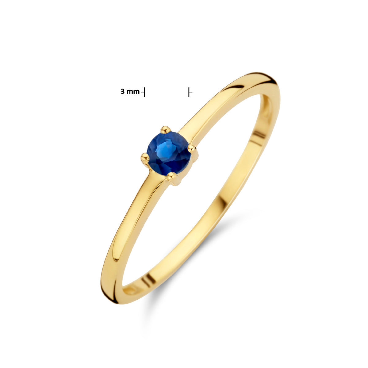 Afmetingen van de gouden geboortesteen ring met saffier van 14 karaat: steen 3 mm.