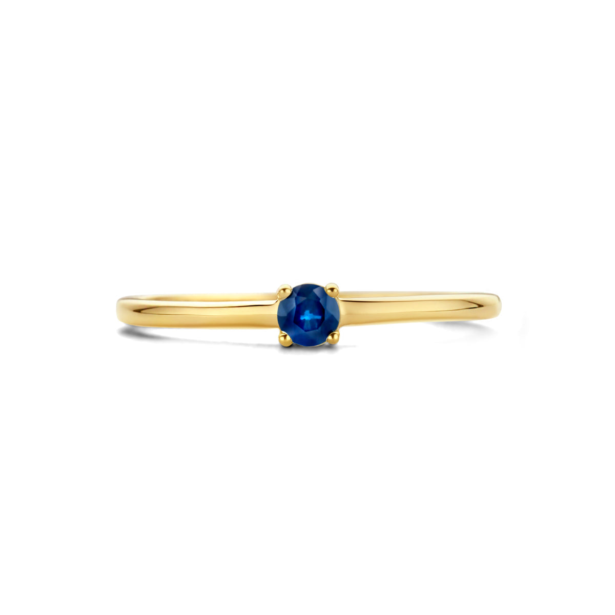 Zijaanzicht van de gouden geboortesteen ring met saffier van 14 karaat.