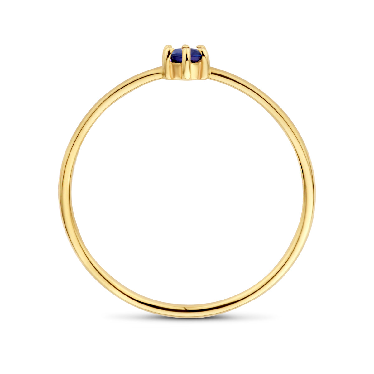 Zijaanzicht van de gouden geboortesteen ring met saffier van 14 karaat.
