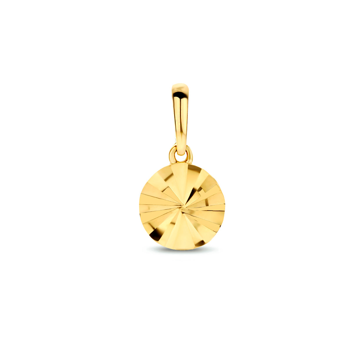 Vooraanzicht van de gouden gediamanteerd rondje hanger van 14 karaat.