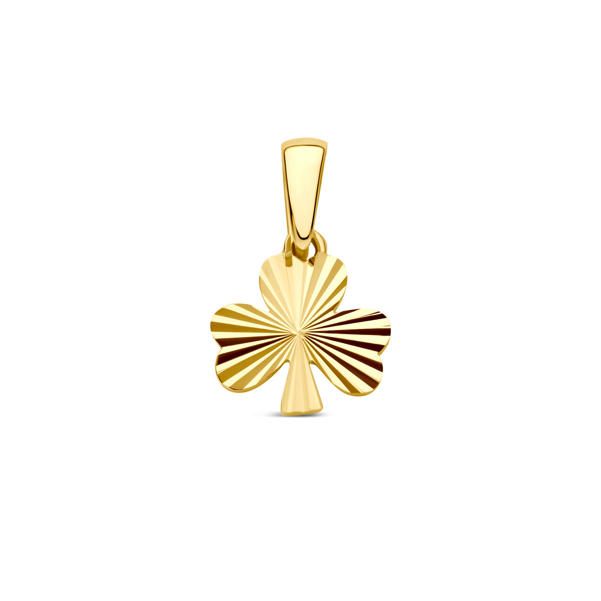 Vooraanzicht van de gouden klaver hanger van 14 karaat.