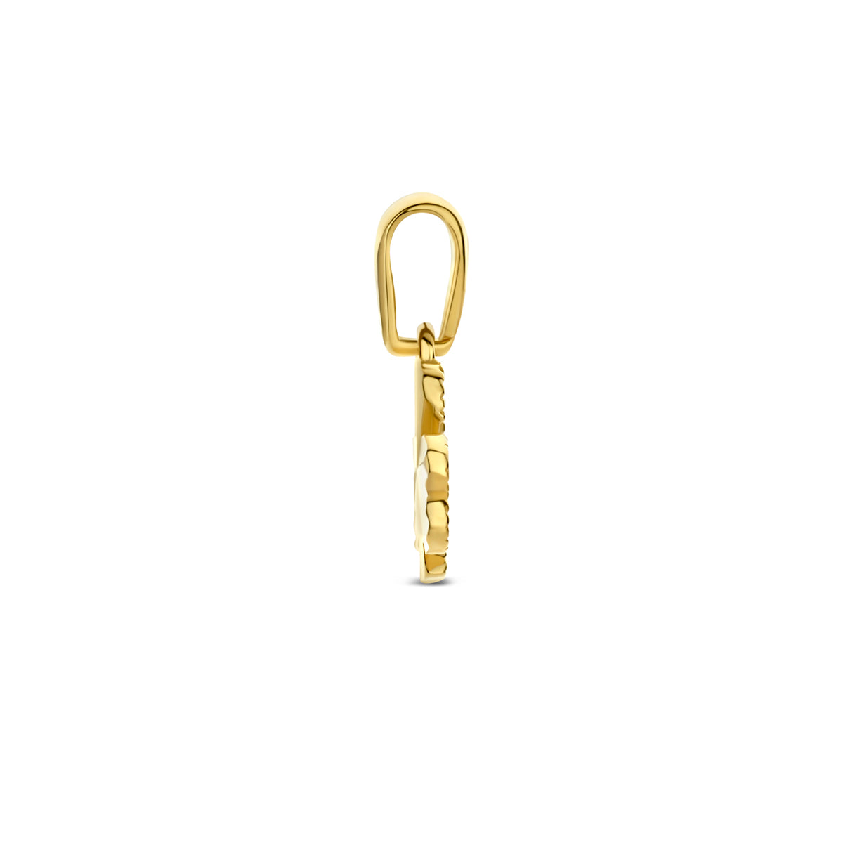 Zijaanzicht van de gouden klaver hanger van 14 karaat.