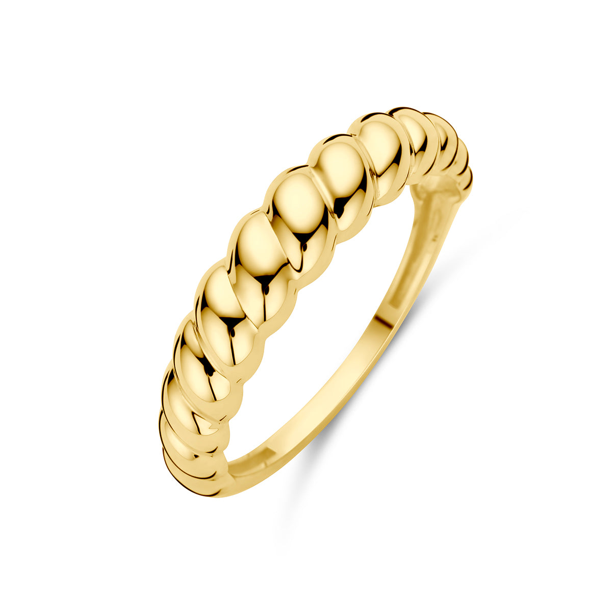 Schuin bovenaanzicht van de gouden gedraaide balloon ring van 14 karaat.