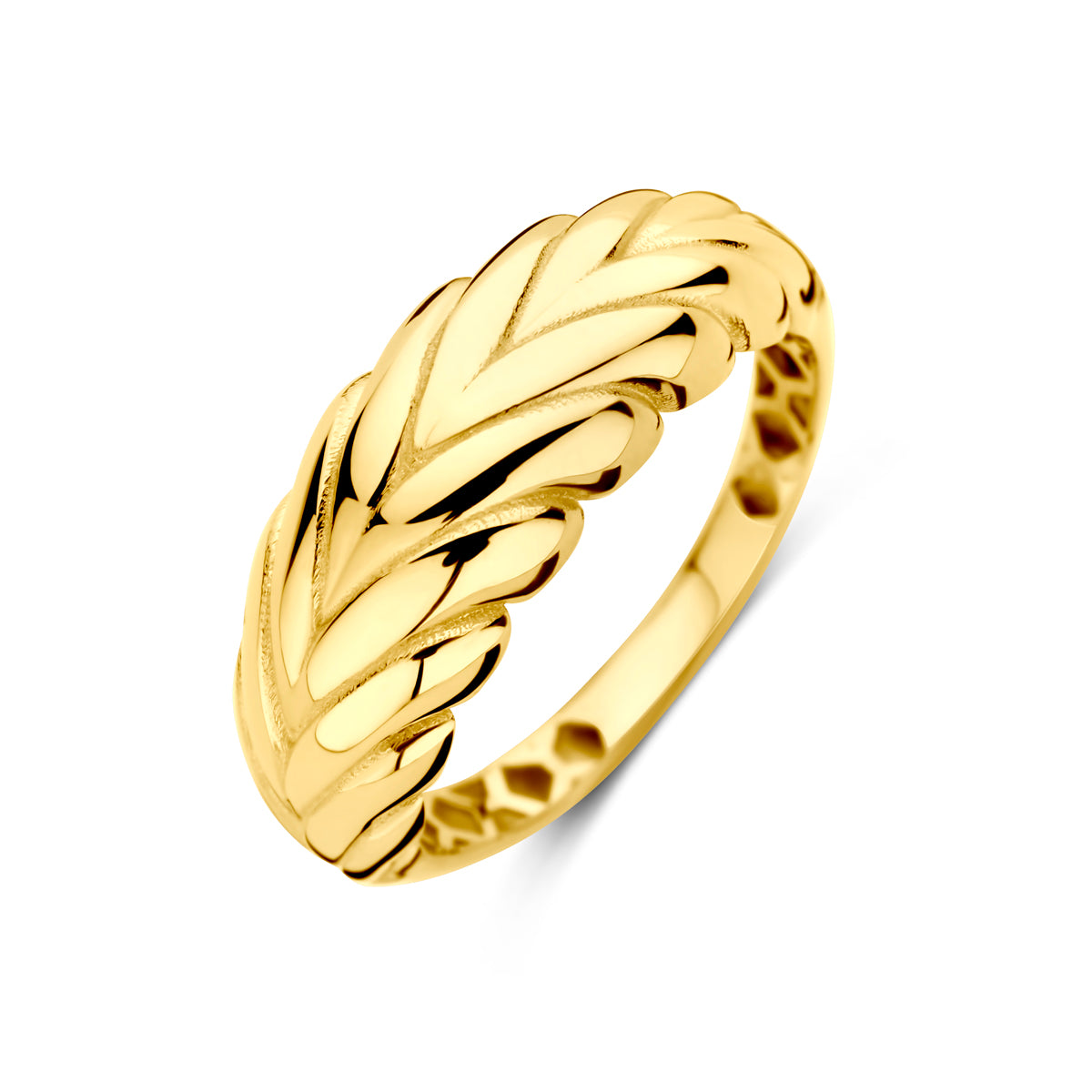 Schuin bovenaanzicht van de gouden gedraaide balloon ring van 14 karaat.