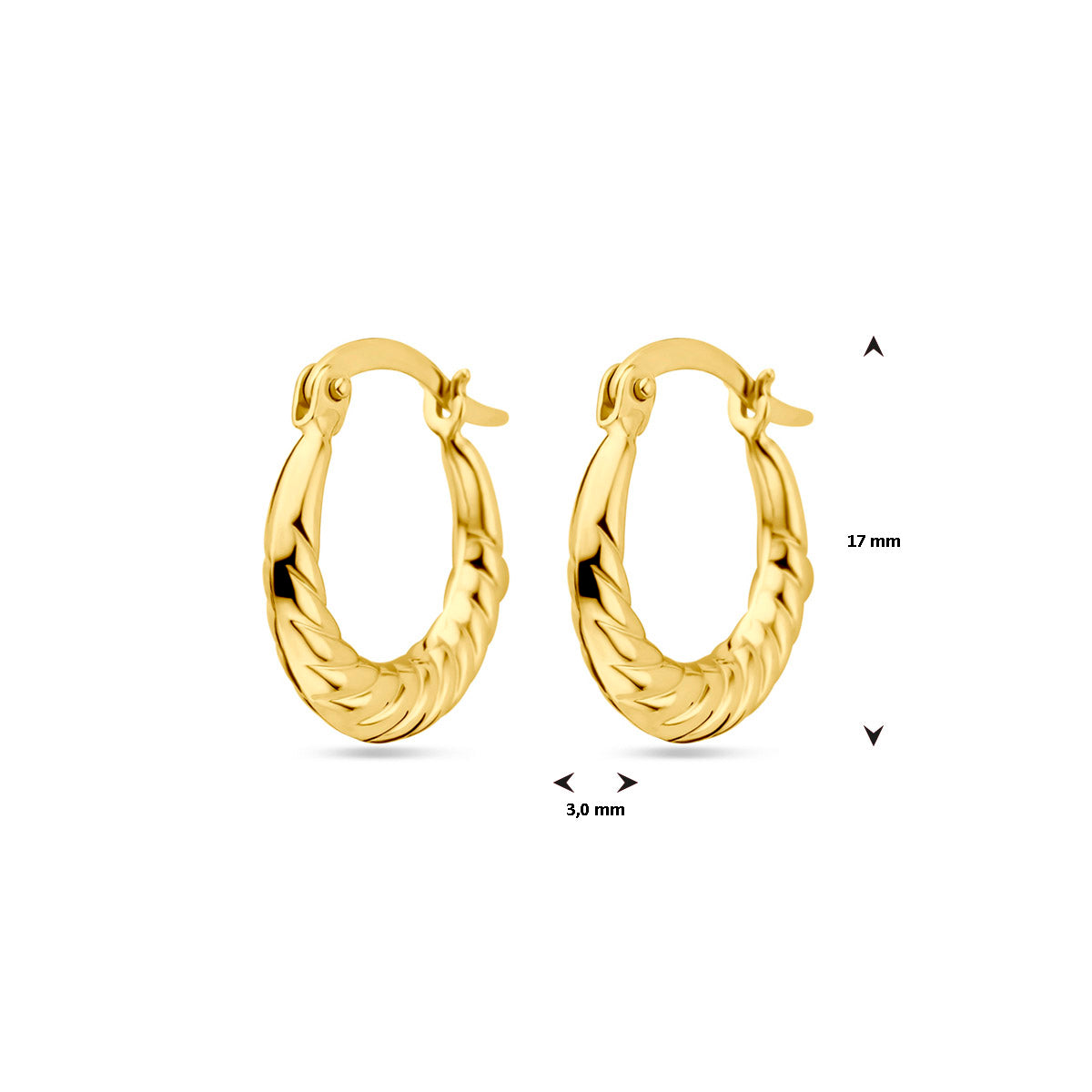 Afmetingen van de gouden gedraaide oorringen van 14 karaat: 17 mm hoog en 3 mm breed.