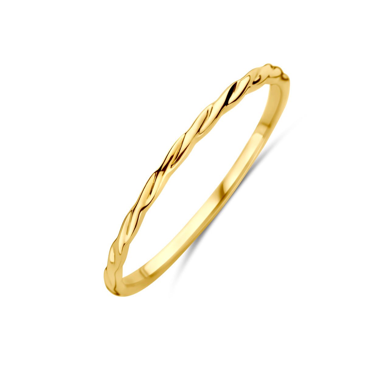 Schuin bovenaanzicht van de gouden gedraaide ring van 14 karaat.