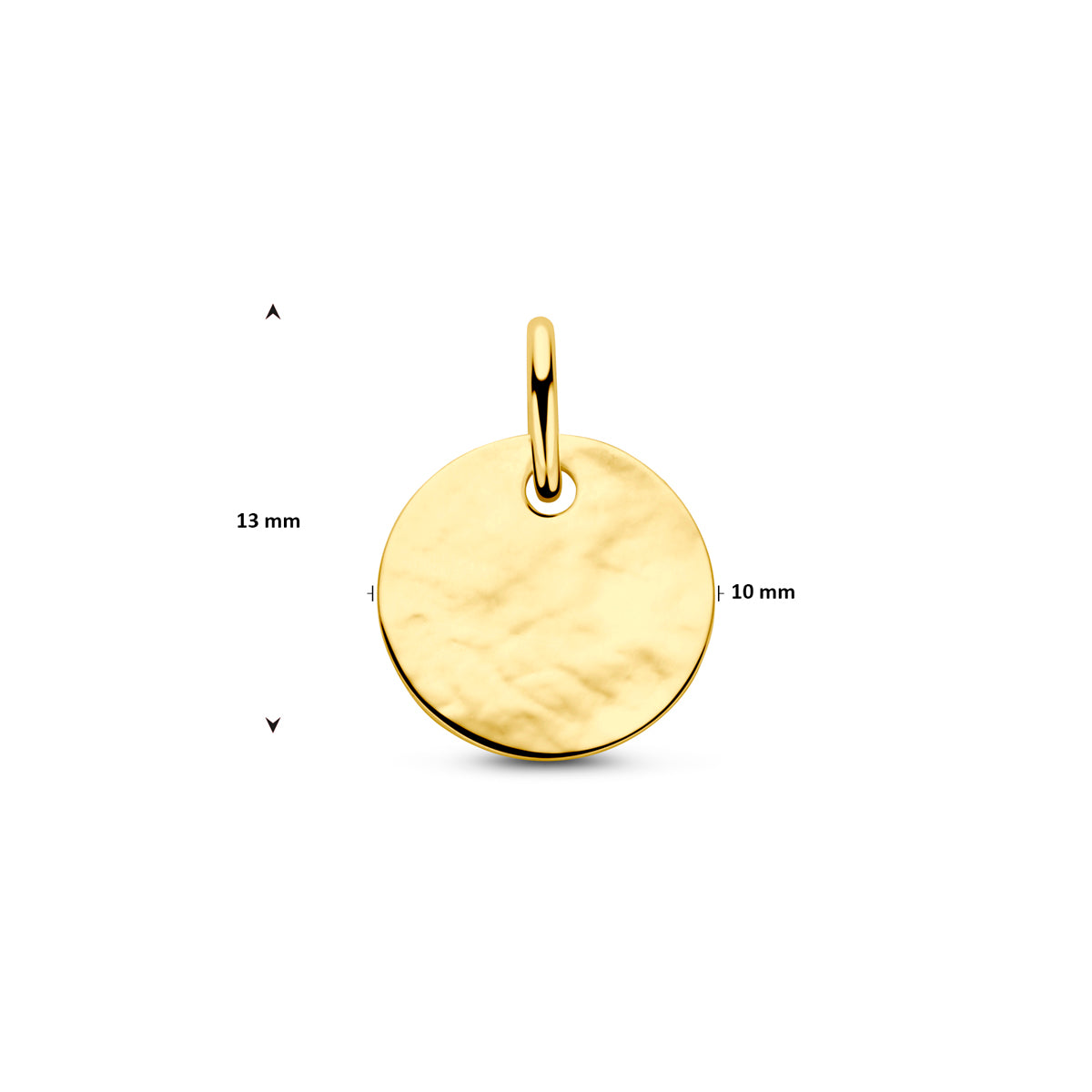 Afmetingen van de ronde, gehamerde gouden graveerhanger van 14 karaat: 13 mm hoog inclusief oog en 10 mm doorsnede.