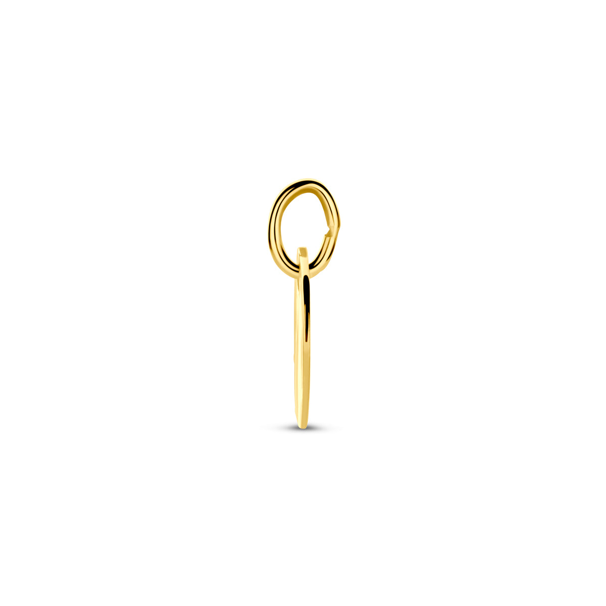 Zijaanzicht van de ronde, gehamerde gouden graveerhanger van 14 karaat.