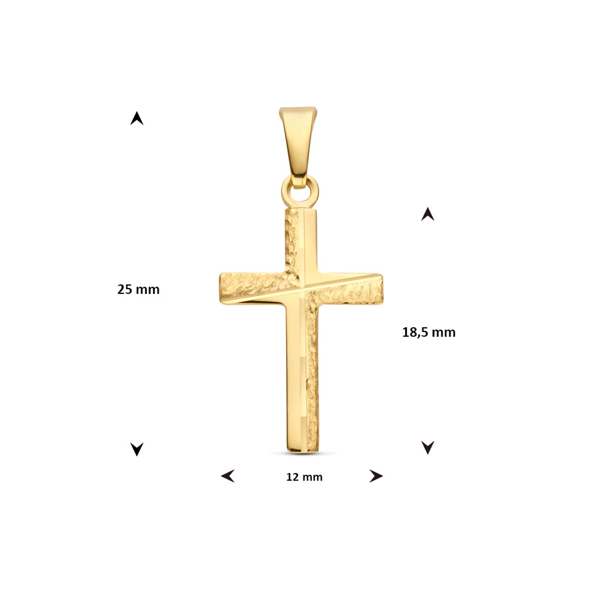 Afmetingen van de gouden gehamerde kruis hanger van 14 karaat: 25 mm hoog inclusief oog, 18,5 mm zonder oog en 12 mm breed.