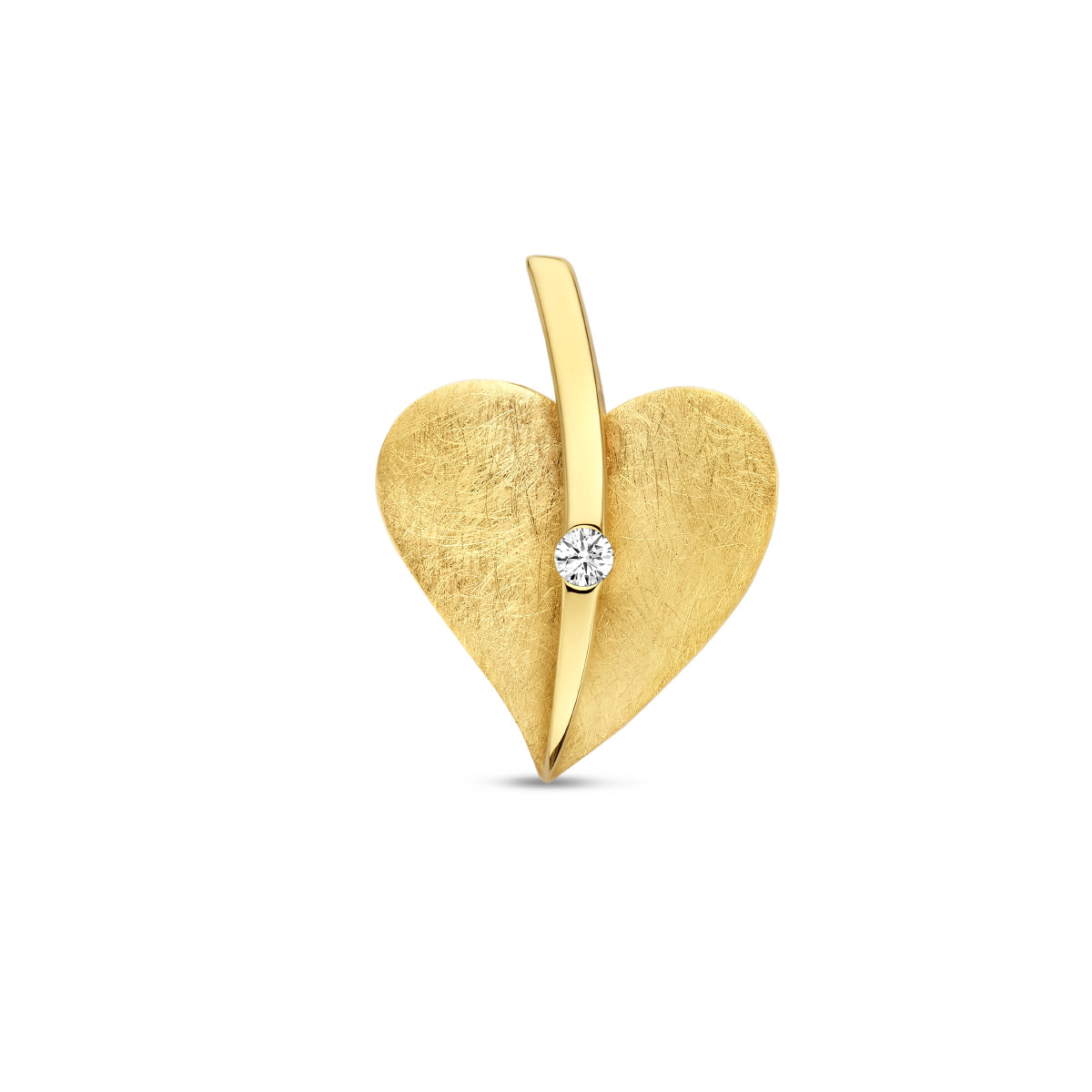 Vooraanzicht van de gouden hartje hanger met diamant van 14 karaat.