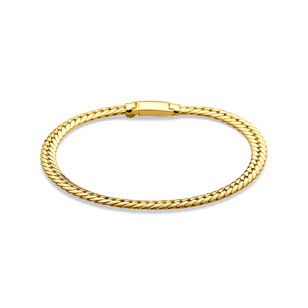 Vooraanzicht van de gouden gourmet armband van 14 karaat.