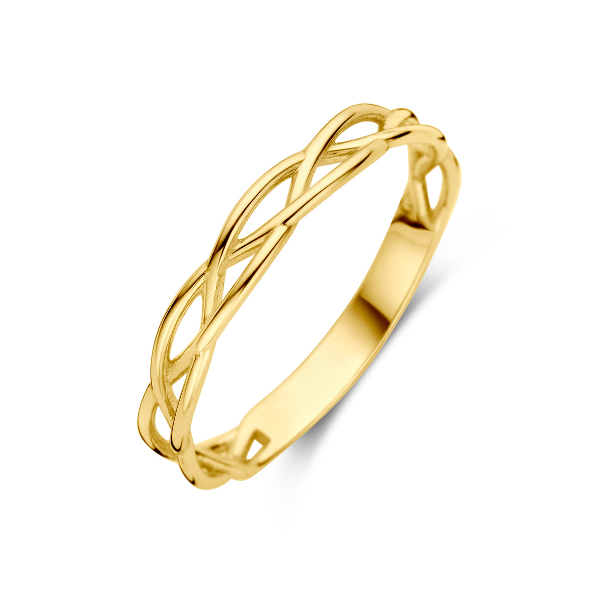 Schuin bovenaanzicht van de gouden gladde ring van 14 karaat.