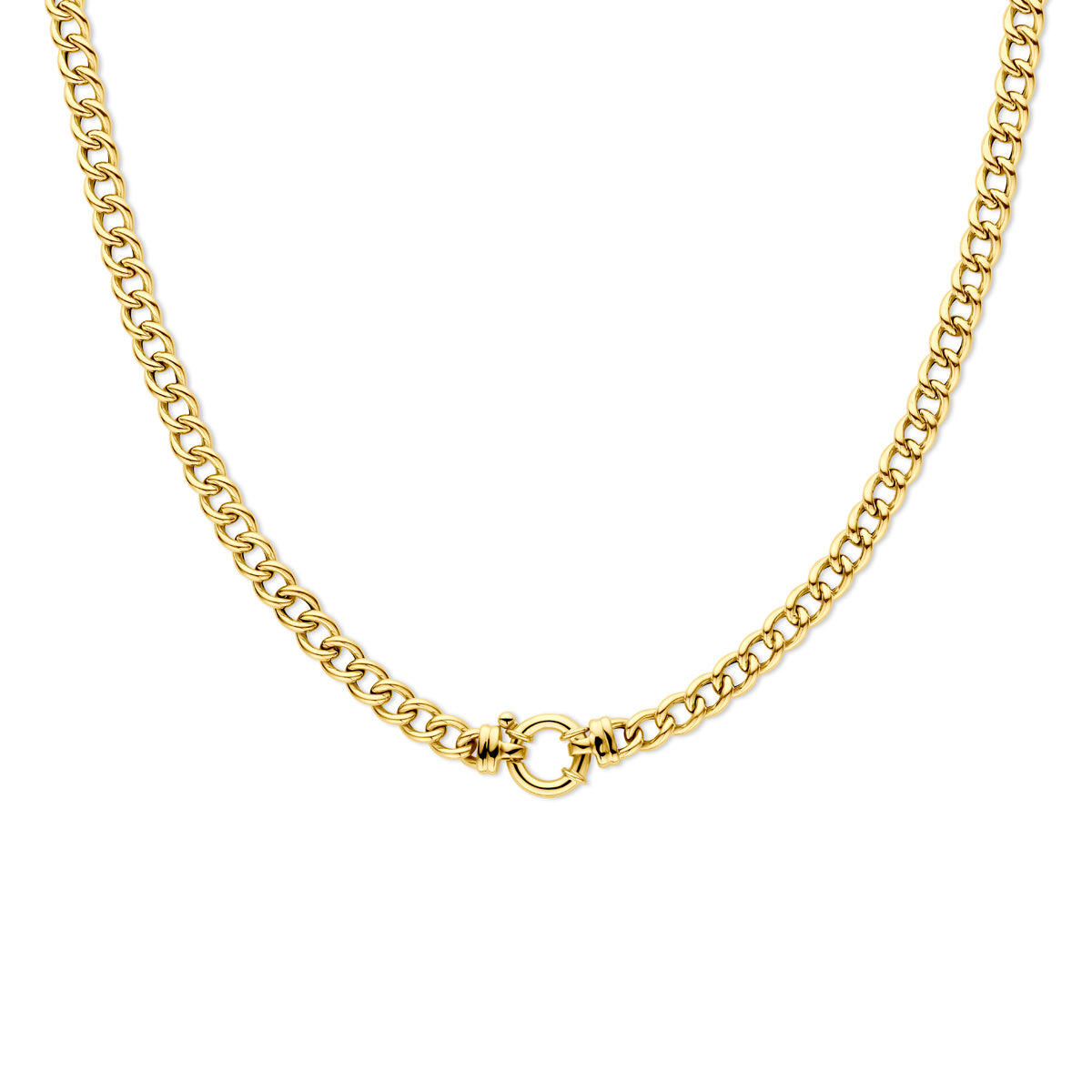 Vooraanzicht van de gouden gourmet ketting met groot slot van 14 karaat.