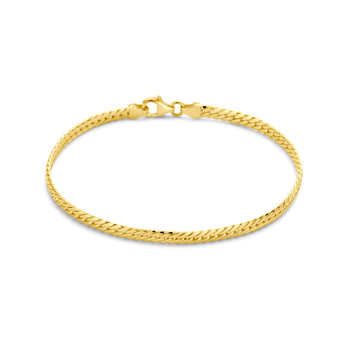 Vooraanzicht van de gouden gourmette armband van 14 karaat.