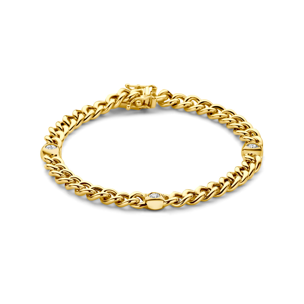 Vooraanzicht van de 14 karaat gouden gourmette armband met diamant 0,45 ct, 19 cm lang.