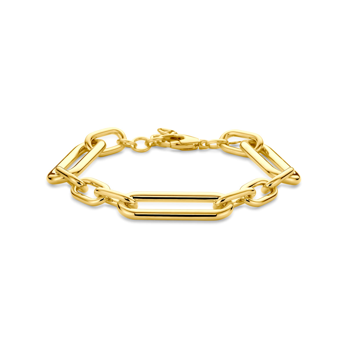 Vooraanzicht van de gouden grove ankerarmband van 14 karaat.