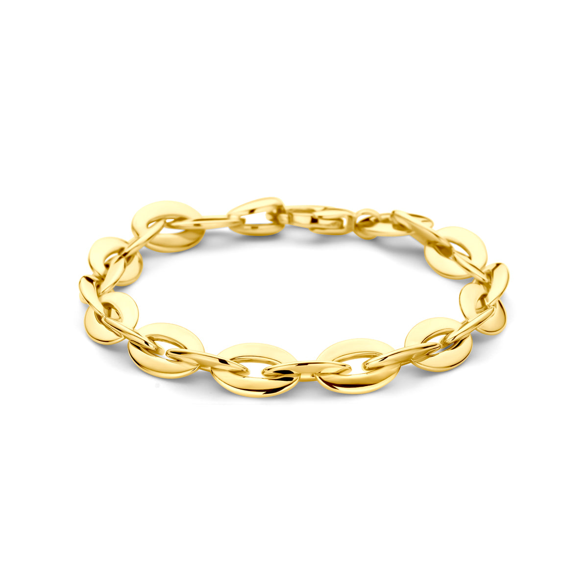 Vooraanzicht van de gouden grove ankerarmband van 14 karaat.