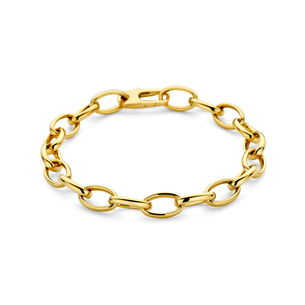 Vooraanzicht van de gouden grove ankerarmband van 14 karaat.