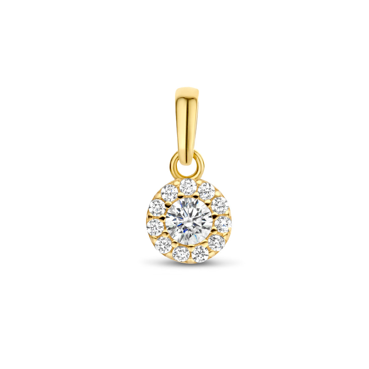 Vooraanzicht van de gouden halo hanger met zirkonia van 14 karaat.