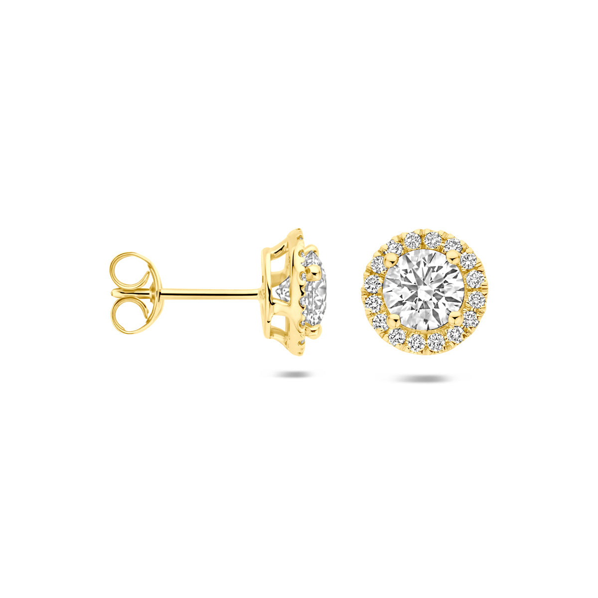 Voor- en zijaanzicht van de gouden halo oorknopjes met lab grown diamant van 14 karaat.