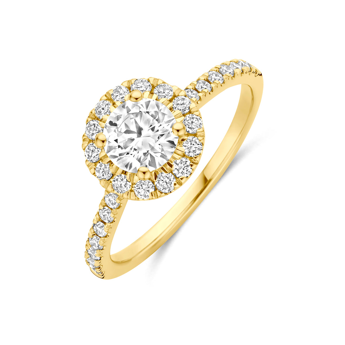 Schuin bovenaanzicht van de gouden halo ring met lab grown diamant van 14 karaat.