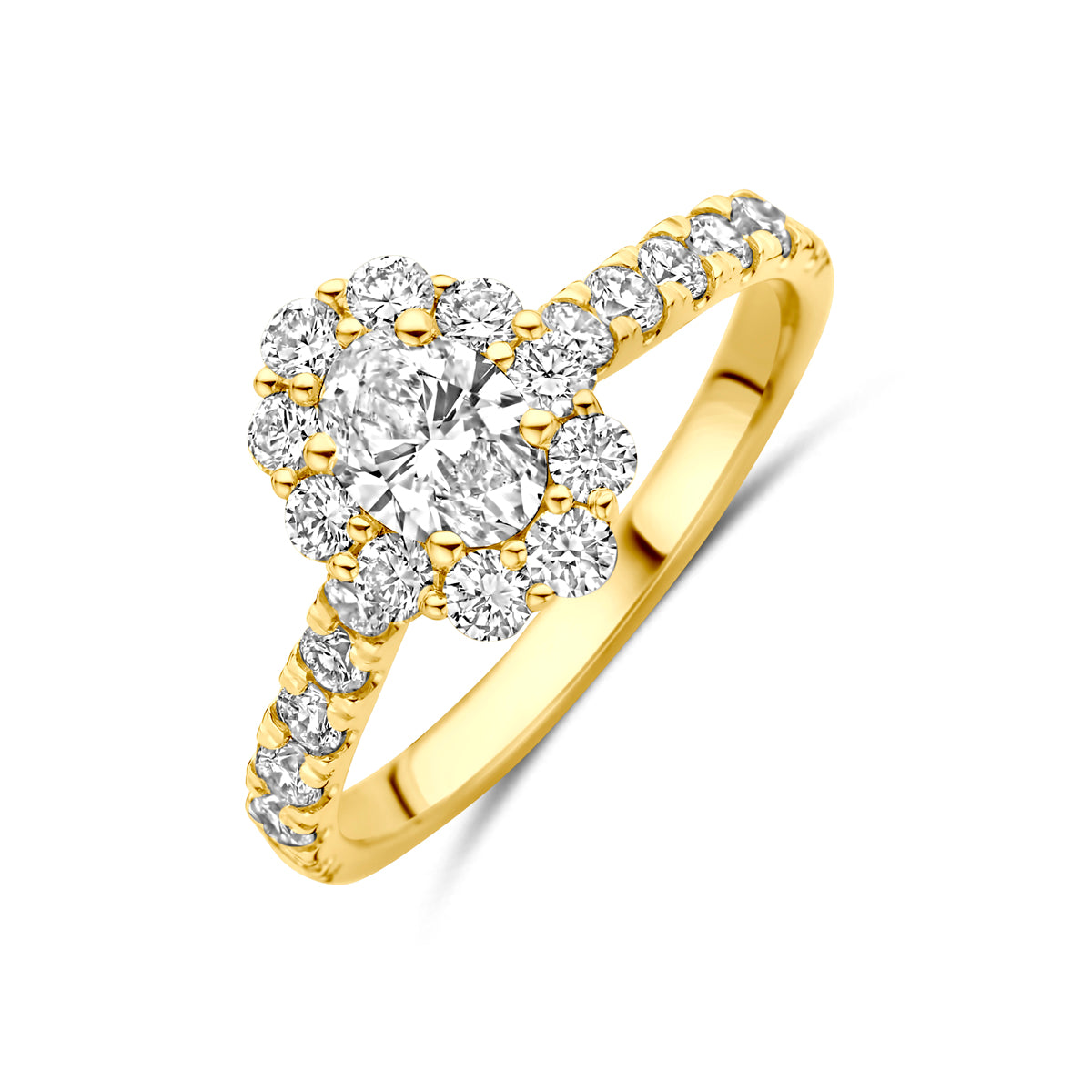 Schuin bovenaanzicht van de gouden halo ring met lab grown diamant van 14 karaat.