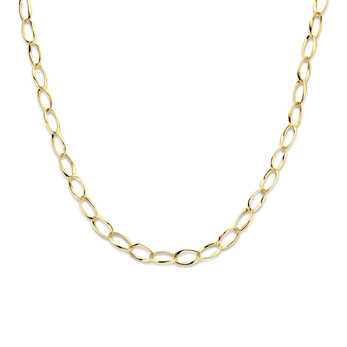 Vooraanzicht van de 14 karaat gouden halsketting fantasieschakel, 45 cm lang.