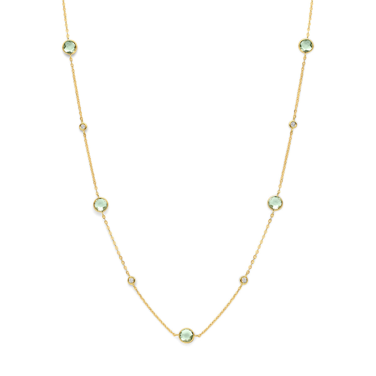 Vooraanzicht van de gouden halsketting met groene amethist en diamant van 14 karaat.