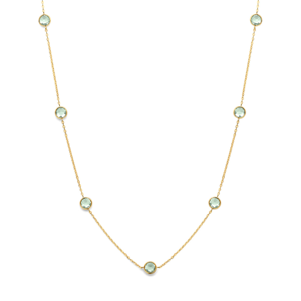 Vooraanzicht van de 14 karaat gouden halsketting groene amethist, 40 cm lang met verlengstuk tot 44 cm.