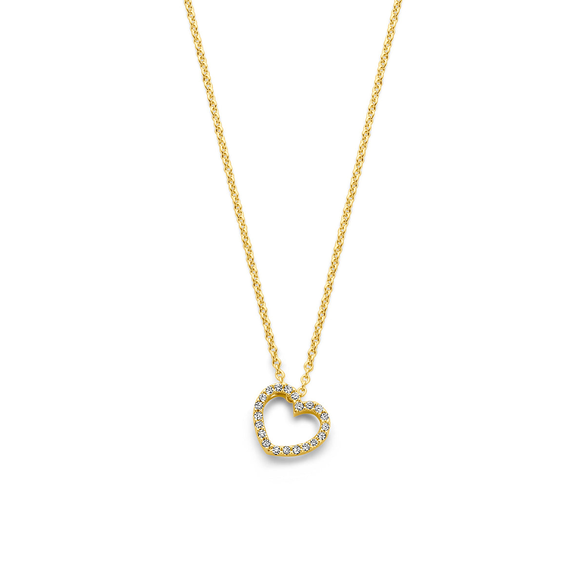 Vooraanzicht van de gouden halsketting met hartje en diamant van 14 karaat.