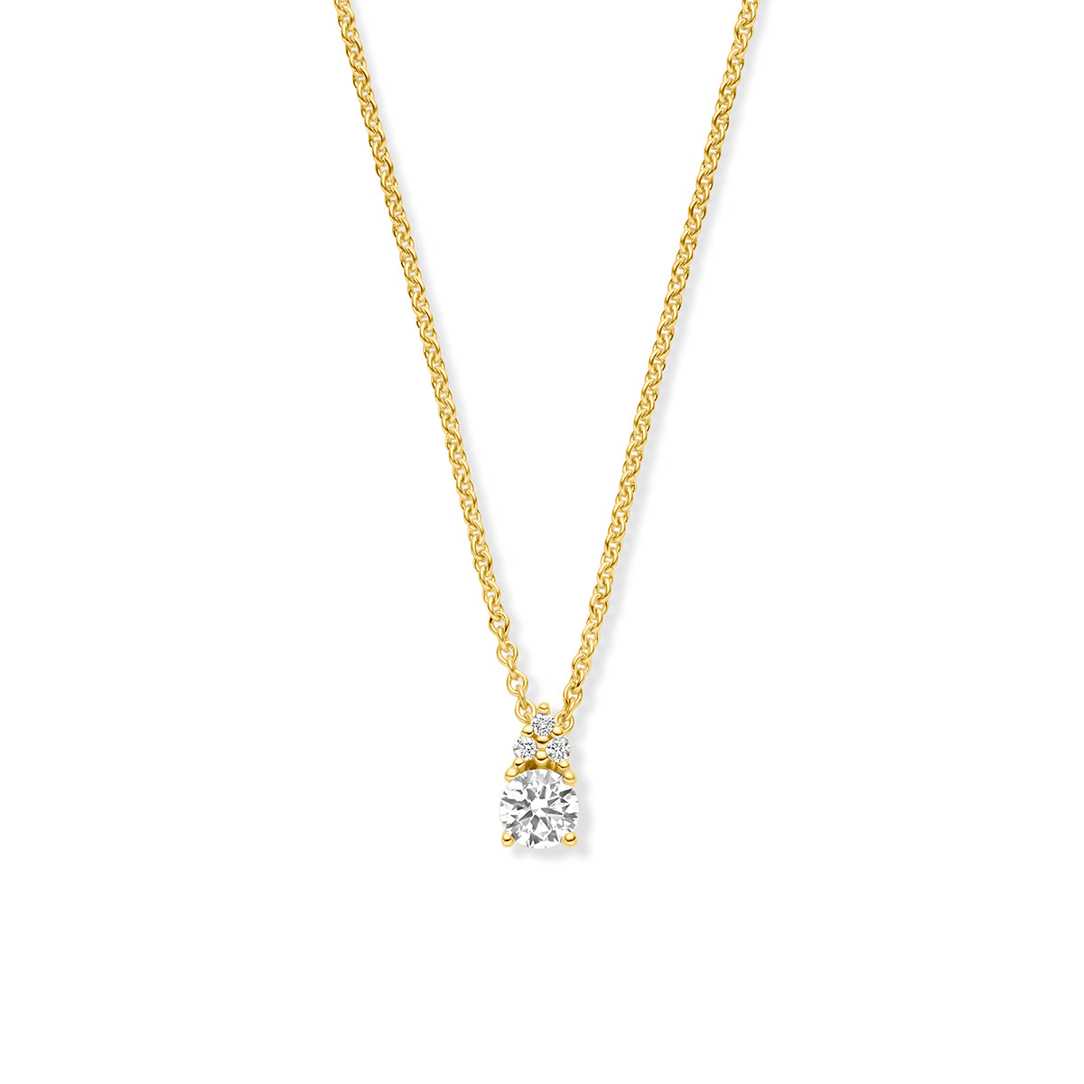 Vooraanzicht van de gouden halsketting met diamant hanger van 14 karaat.