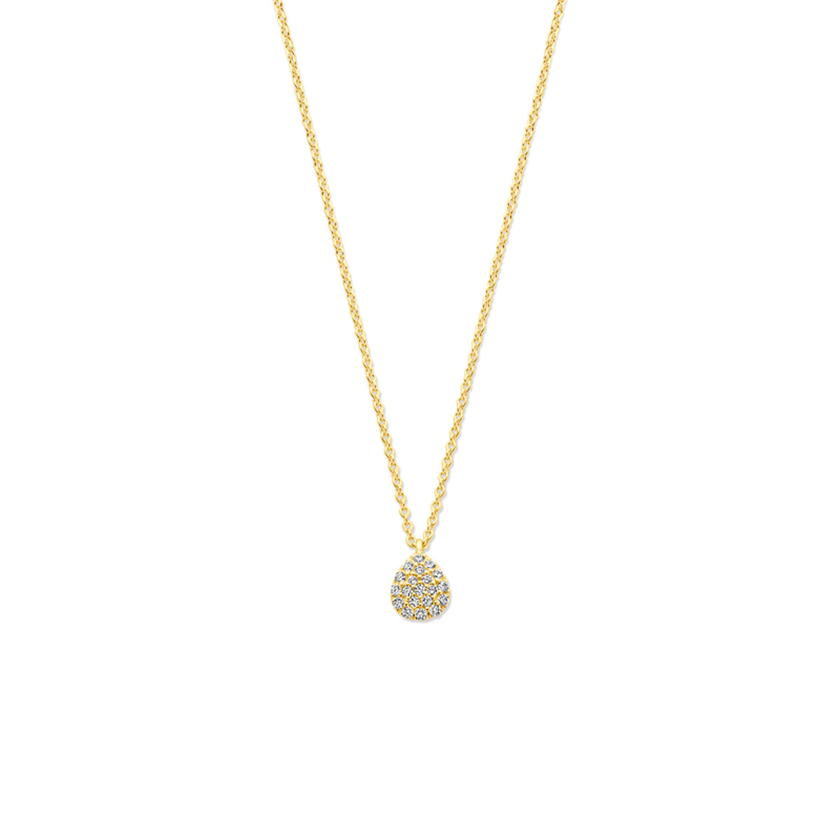 Vooraanzicht van de gouden halsketting met peervormige hanger en diamant van 14 karaat.