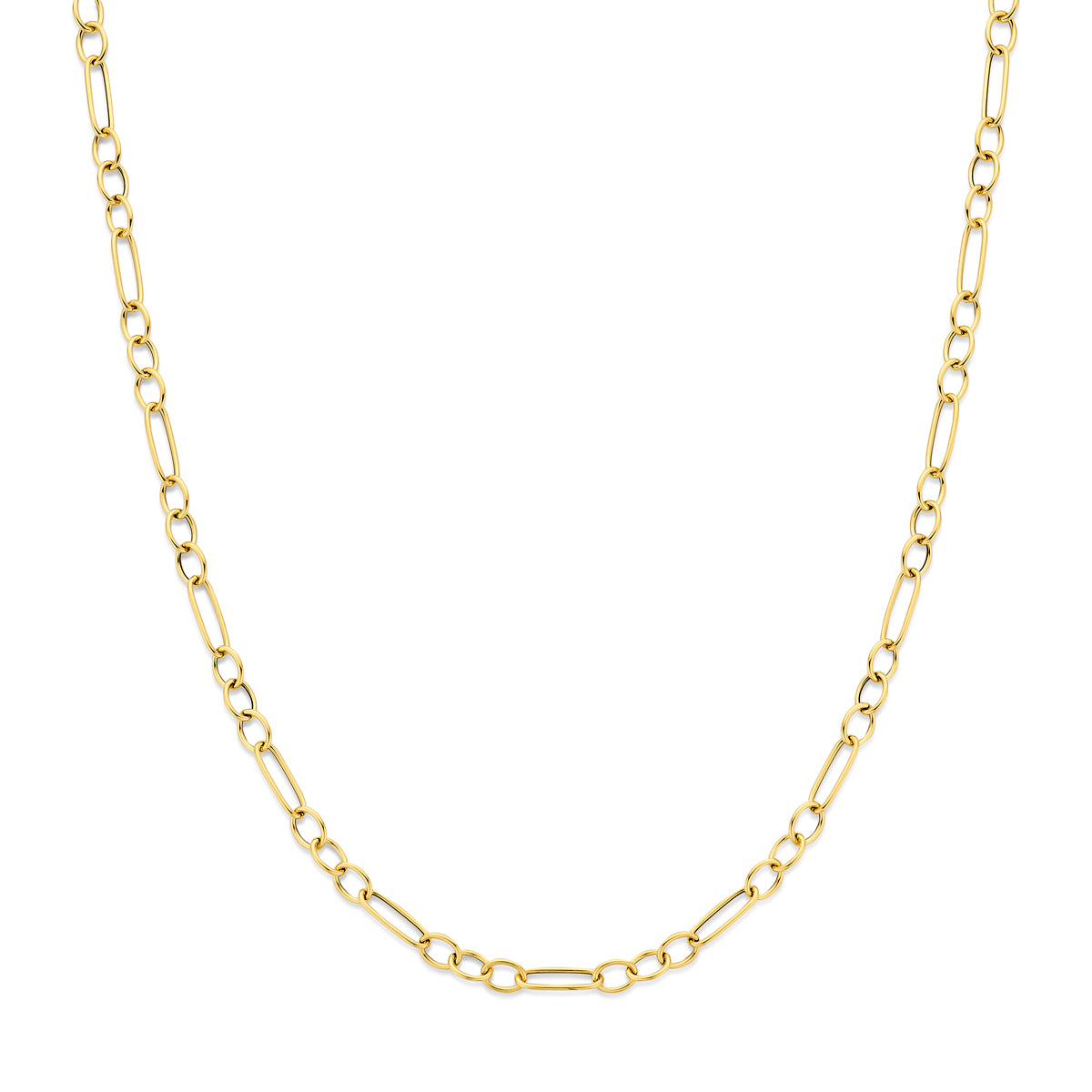 Vooraanzicht van de 14 karaat gouden halsketting met ovale schakels, 45 cm lang.