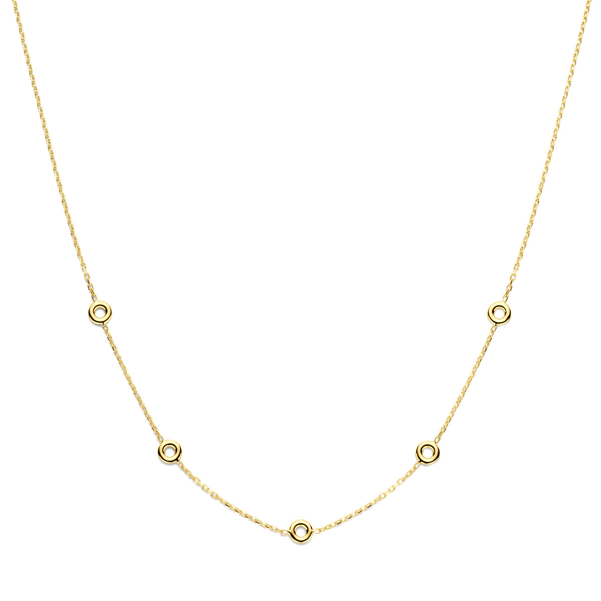 Vooraanzicht van de 14 karaat gouden halsketting ronde details, 43 cm lang met ronde details van 6 mm.