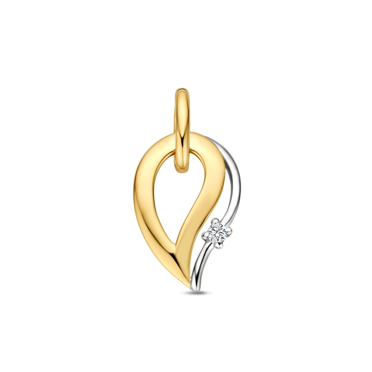 Vooraanzicht van de 14 karaat gouden hanger bicolor met diamant 0,03 ct, 16 mm hoog en 10,5 mm breed.