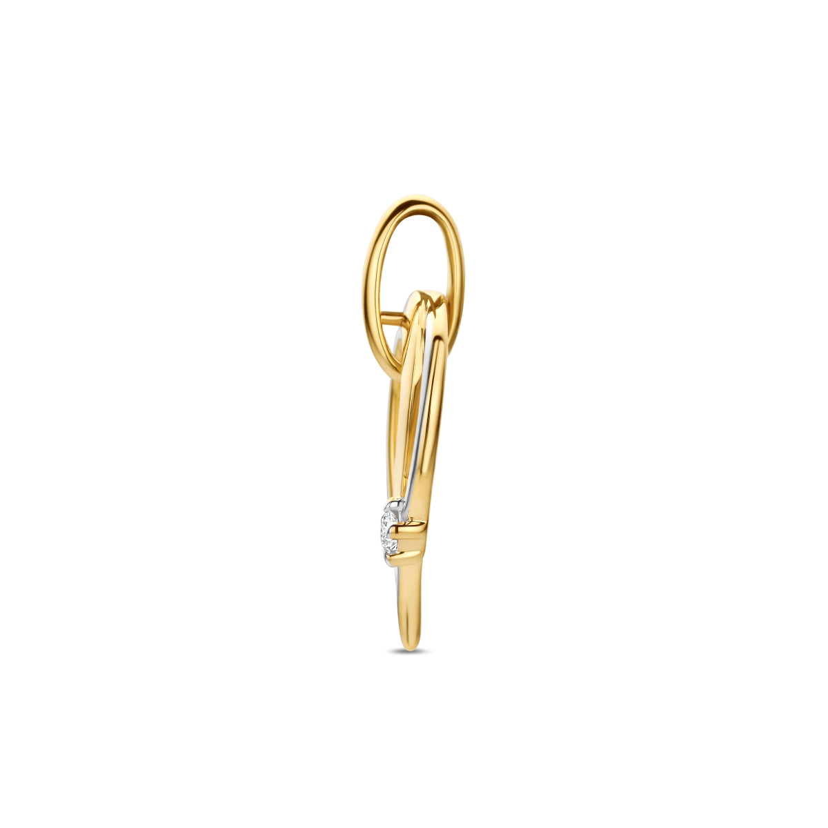 Zijaanzicht van de 14 karaat gouden hanger bicolor met diamant 0,03 ct, zodat de diepte van de hanger zichtbaar is.