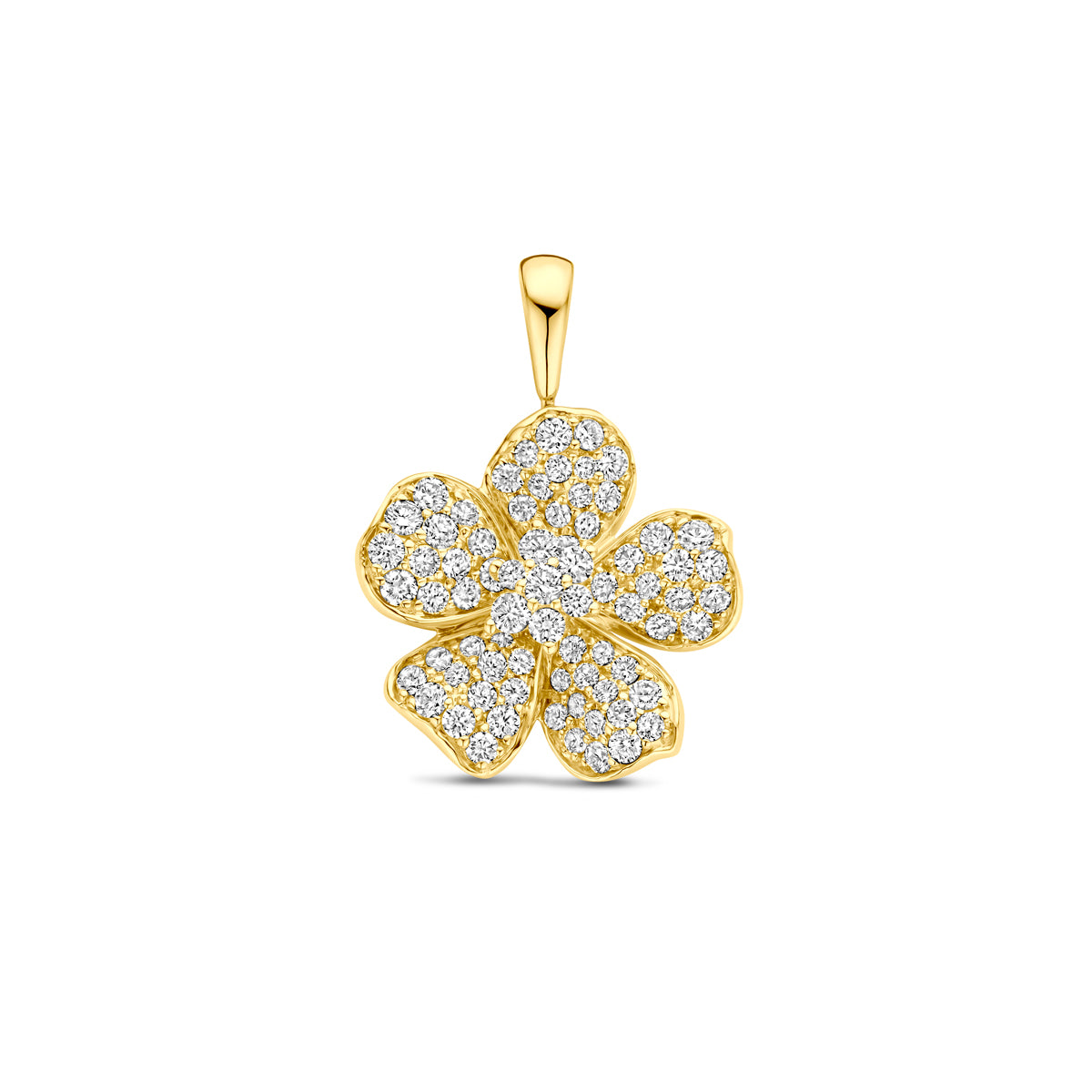 Vooraanzicht van de 14 karaat gouden hanger kleine bloem met diamant 0,75 ct, 21,5 mm hoog en 16 mm breed.