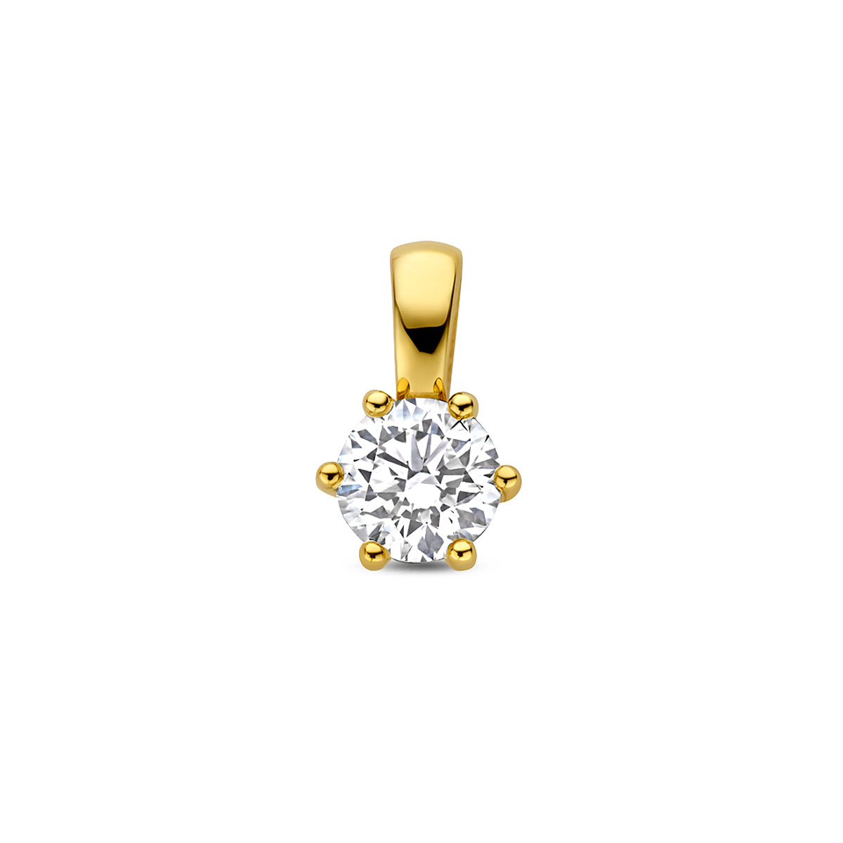 Vooraanzicht van de 14 karaat gouden hanger met lab grown diamant 0,75 ct, 12,5 mm hoog en 7,5 mm breed.