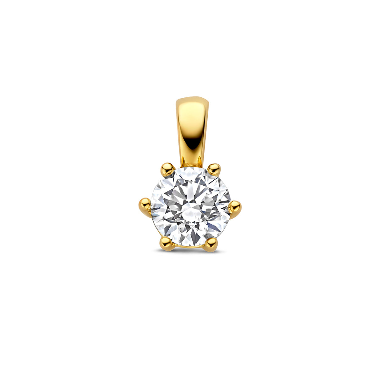 Vooraanzicht van de 14 karaat gouden hanger met lab grown diamant 1,00 ct, 13 mm hoog en 8 mm breed.