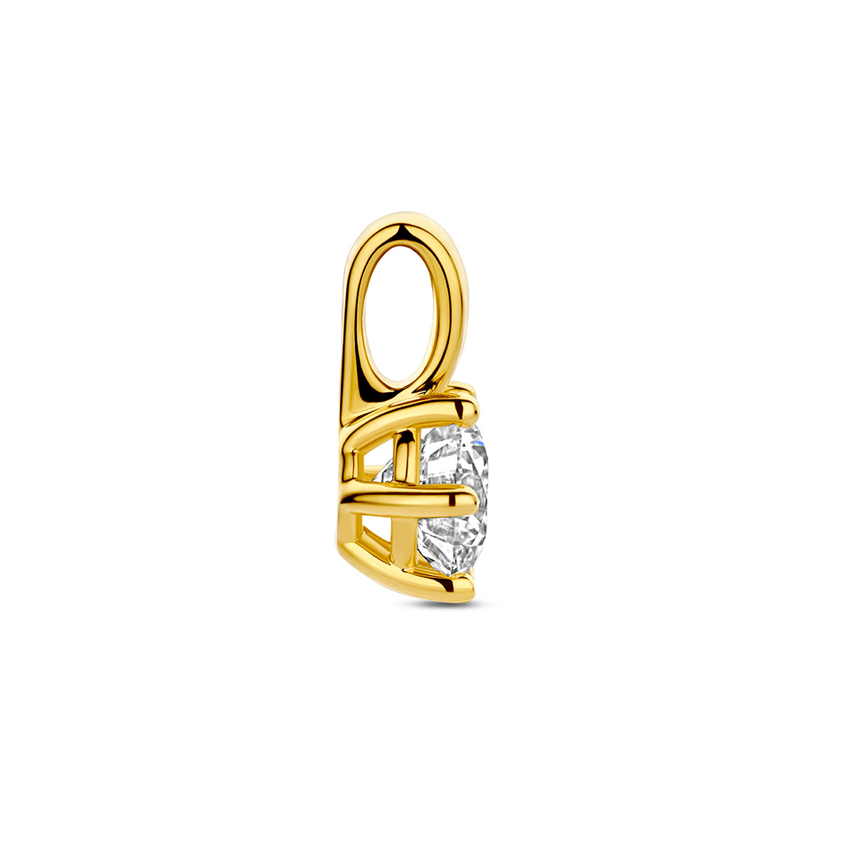 Zijaanzicht van de 14 karaat gouden hanger met lab grown diamant 1,00 ct, zodat de diepte van de hanger zichtbaar is.