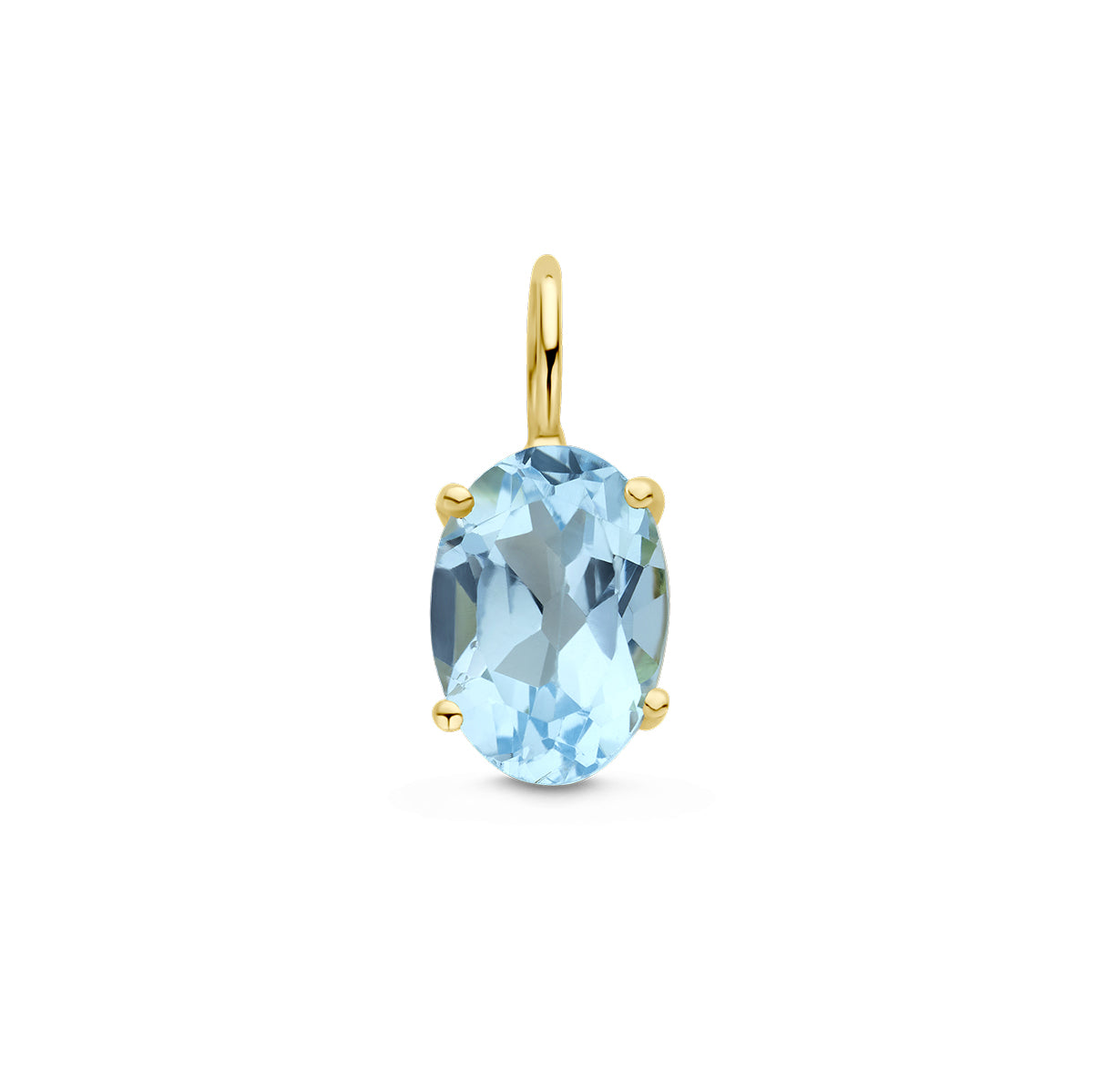 Vooraanzicht van de gouden hanger met blauwe topaas van 14 karaat.