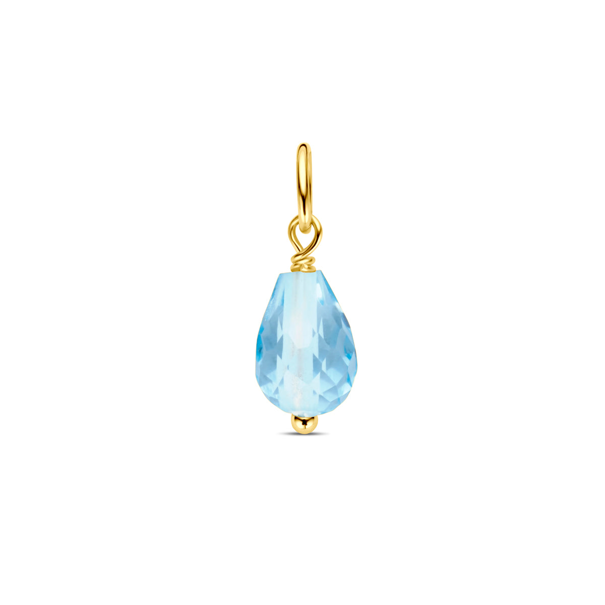 Vooraanzicht van de gouden hanger met blauwe topaas van 14 karaat.