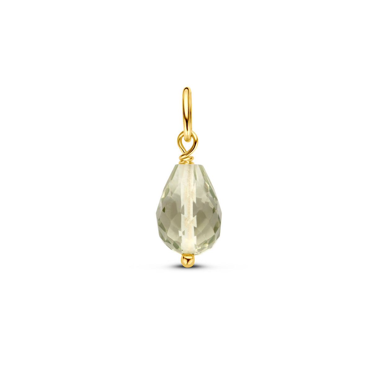 Vooraanzicht van de gouden hanger met groene amethist van 14 karaat.